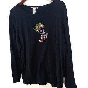 Rebecca Malone Black Top with Embellished Christmas Boot Design Size 2X